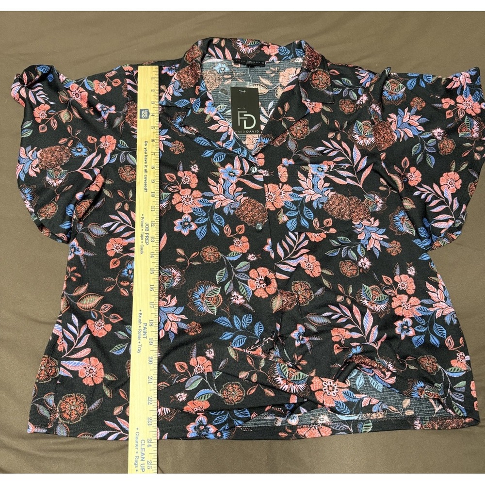 Fred David Womens Black‎ Floral Print Top 1X NWT Button Front,Collared,Tie Waist - Picture 7 of 7